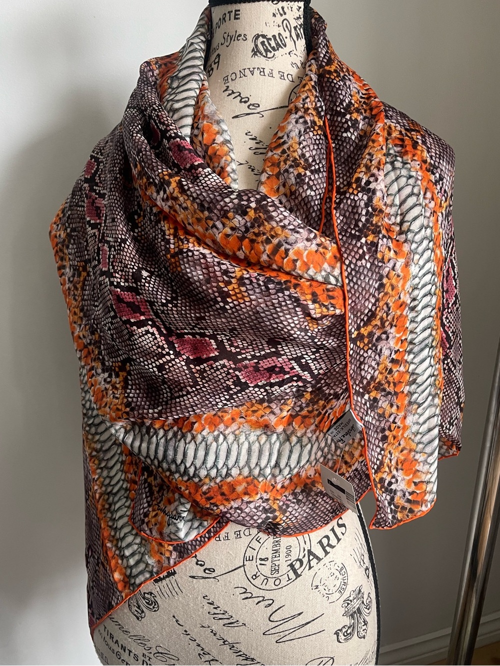 Salvatore Ferragamo Orange, Brown & White Snake-Print Silk Chiffon Scarf
